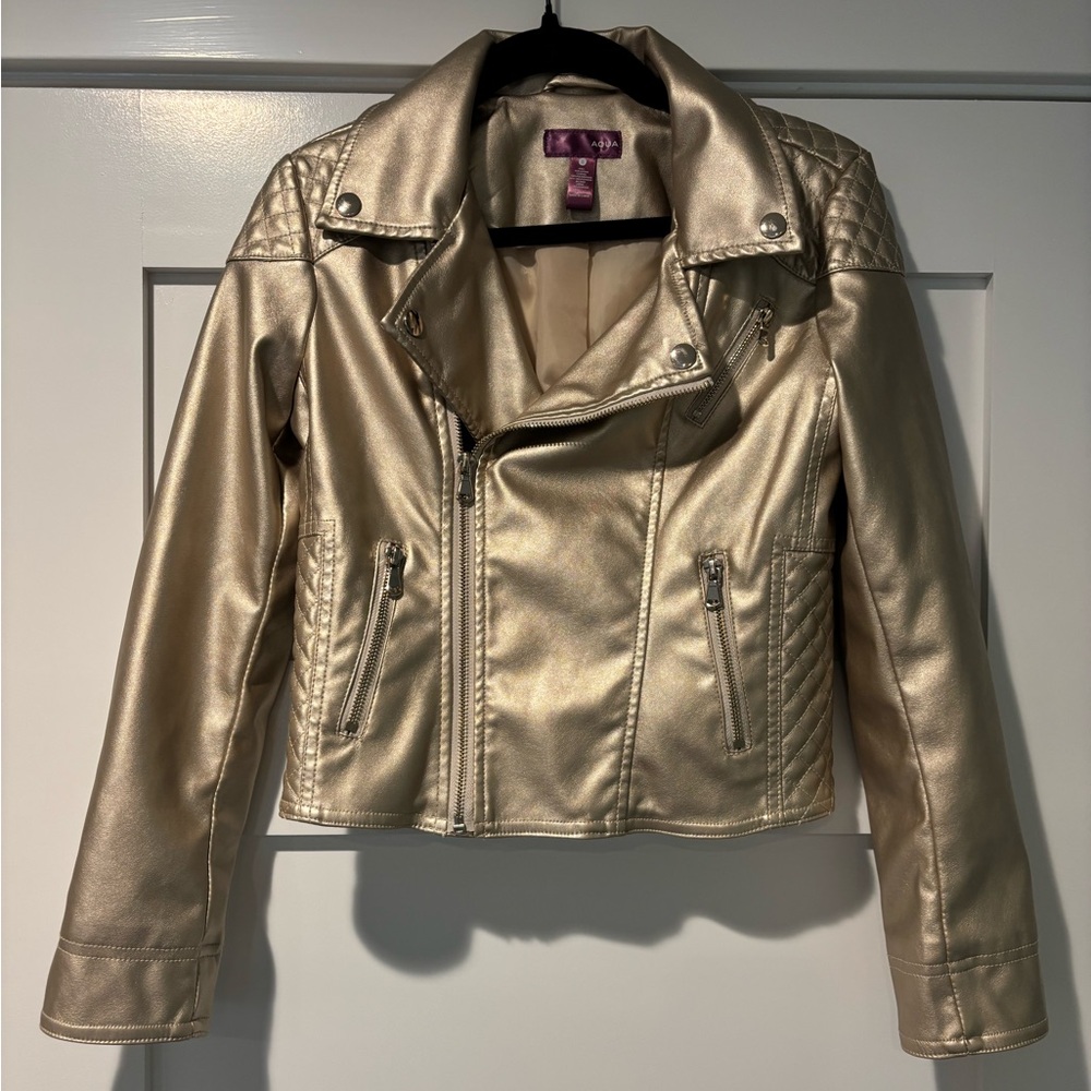 Aqua Gurls Gold Faux Leather Jacket Size Small